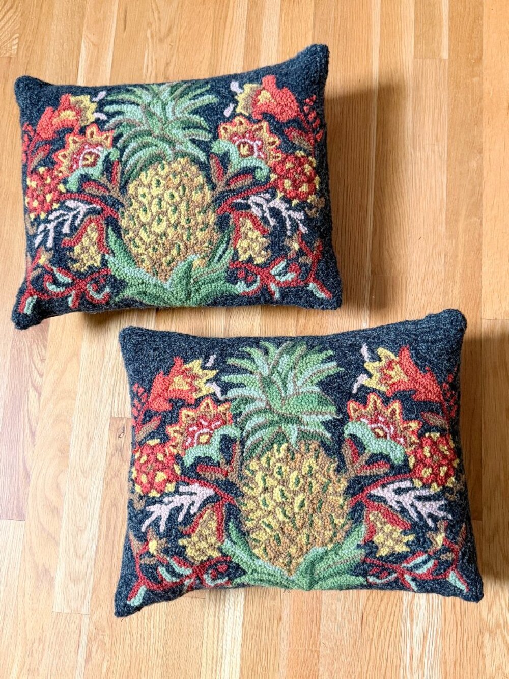 Vintage Peking Handicraft Hooked Wool Pineapple Pillows 16x20 - Matching Pair